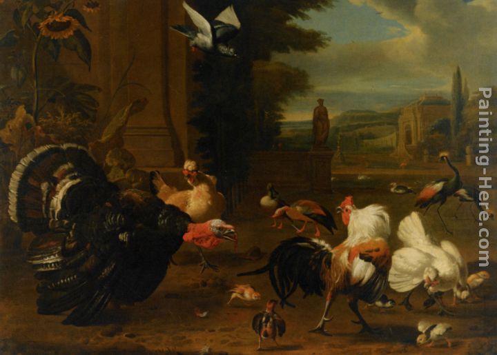 A Palace Garden with Exotic Birds and Farmyard Fowl painting - Melchior de Hondecoeter A Palace Garden with Exotic Birds and Farmyard Fowl art painting